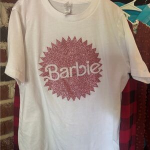 Next Level Apparel Kids White T-Shirt with Pink Glitter Barbie Logo